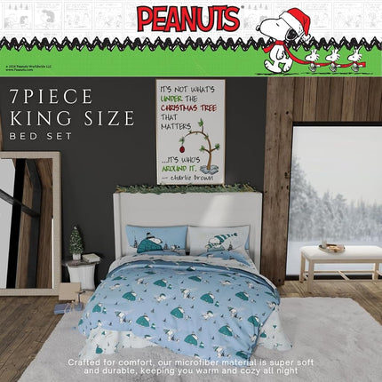 Franco Collectibles Peanuts Snoopy Puffer Holiday & Christmas Bedding Super Soft Comforter and Sheet Set with Sham, 7 Piece King Size (Officially Licensed Product)