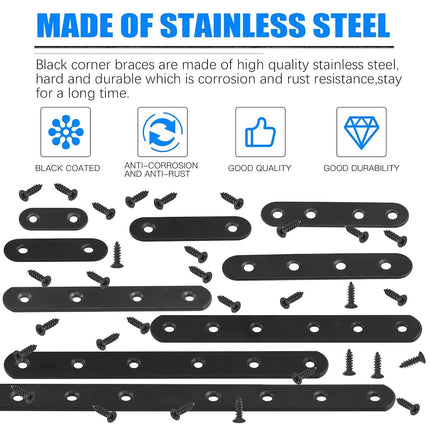 Glarks 8 Sets 250mm Flat Straight Corner Brace Black Metal Joint Plate Connector Repair Fixing Bracket with 70Pcs Screws for Wood Furniture (250x20x3mm)