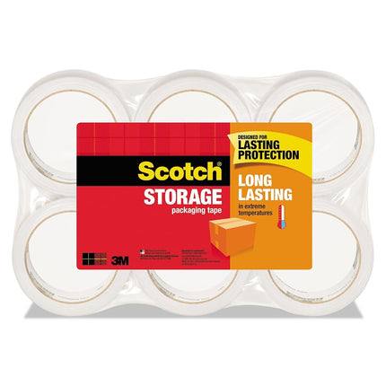 Scotch Long Lasting Storage Packaging Tape, 1.88" x 54.6 yd, Designed for Storage and Packing, Stays Sealed in Weather Extremes, 3" Core, Clear, 6 Rolls (3650-6)