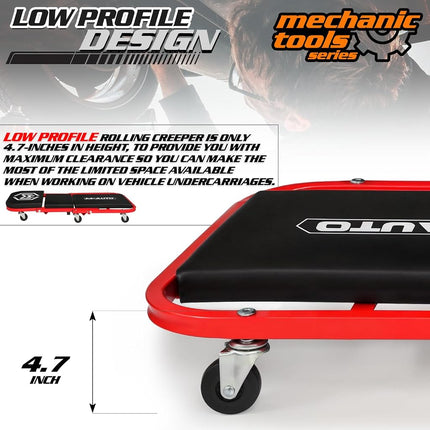 M-AUTO Heavy-Duty Convertible Mechanic Creeper, Z-Creeper 2-in-1 Creeper and Seat 48" Padded Adjustable Headrest Roller Garage Chair with 6 Swivel Casters for Washing, Detailing, Maintenance, Red