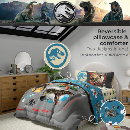 Franco Jurassic World Rebirth Kids Bedding Super Soft Cozy Microfiber Comforter and Sheet Set, 5 Piece Full Size, (Officially Licensed Product)
