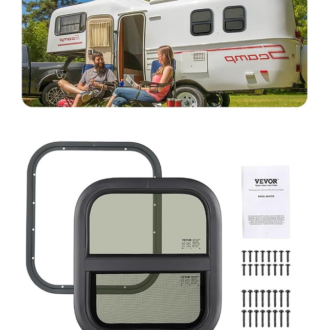 VEVOR Vertical RV Window, 12" W x 24" H Tinted Sliding with Net Screen & Trim Ring, Fit 15/16" - 1 3/4" Thickness Wall, RV Window Replacement for Teardrop Cargo Trailer Camper, DOT Approved