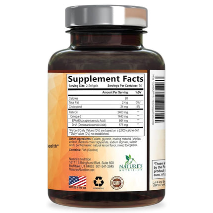 Omega 3 Fish Oil Supplements - 2400mg Fish Oil Per Serving - Triple Strength Omega-3 with EPA & DHA Fatty Acids - Natural Heart, Brain & Immune Support - Wild Caught, Bottled in USA - 180 Softgels