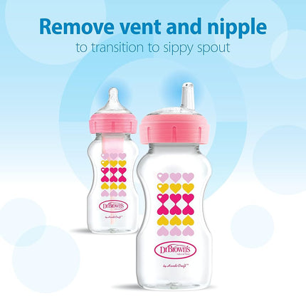 Dr. Brown�s Anti-Colic Options+ Wide-Neck Sippy Bottle Starter Kit, 9oz/270mL, with Level 3 Medium-Fast Flow Nipple and Soft 100% Silicone Sippy Spout, Pink, BPA Free, 6m+, 2 Pack