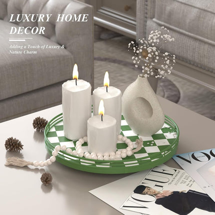 Premium Rubber Wood Lazy Susan Turntable, Green White Checkerboard Decorative Serving Tray, Hand-Welded Metal Railing, Stable Rotating Organizer for Dining Table, Kitchen Counter, Coffee Table Decor