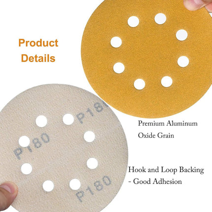Aiyard 5-Inch 8-Hole Hook and Loop Sanding Discs 180-Grit, 50-Pack