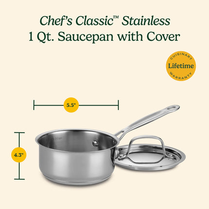 Casserole Cuisinart 1 pinte avec couvercle, collection d'ustensiles de cuisine en acier inoxydable Chef's Classic, 719-14