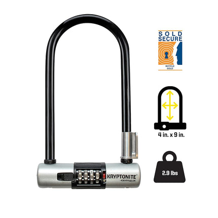 Kryptonite KryptoLok Combo Bike U-Lock Standard, Anti-Theft Security Bicycle Lock Sold Secure Gold, 12.7mm Steel Shackle, 4-Digit Resettable Combination U Lock for Scooter Road Mountain Bikes