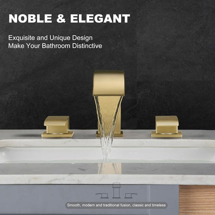 GAGALIFE Grifos de baño de 8 pulgadas tipo cascada de 3 orificios - Grifo de baño dorado cepillado de montaje extendido con desagüe emergente, grifo de lavabo de baño de dos manijas, Patente No. : US D967,340 S