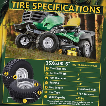 Wiltire 2 Pack 15x6.00-6 Tubeless Riding Lawn Mower Tire & Wheel Assembly