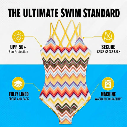 Kanu Surf Girls' Reese UPF 50+ Beach Sport Criss-Cross One Piece Swimsuit, Nina Yellow Multi, 14