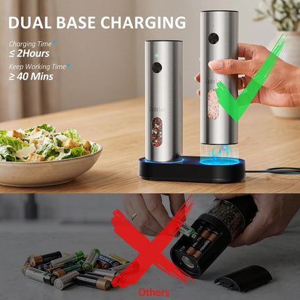 Salt and Pepper Grinder Set Electric,Rechargeable Salt and Pepper Shakers Stainless Steel with USB C Dual Charging Base,Upgraded Large Capacity,Adjustable Coarseness,LED Light,Ideal for Mom