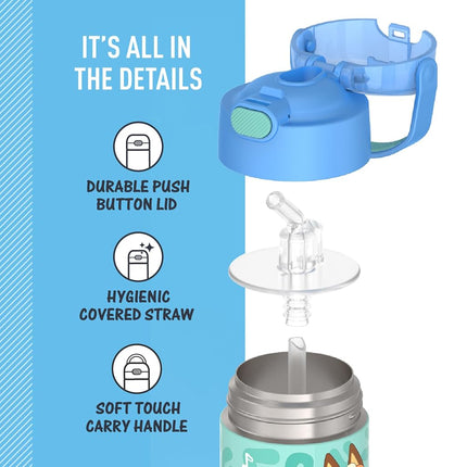 THERMOS FUNTAINER 12 Ounce Stainless Steel Vacuum Insulated Kids Straw Bottle, Bluey
