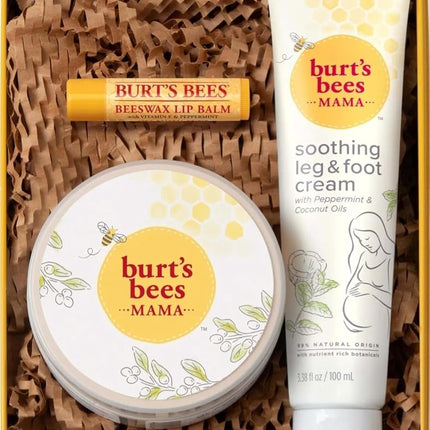 Burts Bees Set de Regalo Mama Bee con Lata, 3 Productos para el Cuidado de la Piel durante el Embarazo - Crema para Piernas y Pies, Manteca para el Vientre y Bálsamo Labial Original de Cera de Abejas