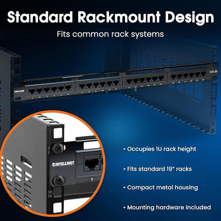 Intellinet Patch Panel, Cat5e, UTP, 24-Port, 1U, Black