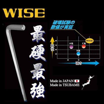WISE Ball Point Hex Key Wrench Set of 9 (Long), Made in Japan/Can be Tightened/[SBL-900] 0.06-0.4 inches (1.5-10.0 mm)
