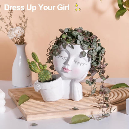 vomiceak Face Planters Pots Head Planter for Indoor Outdoor Plants - Double Cute Plant Pots for Flower Succulent with Drainage Hole - Ideal Gift Ideas(White Lady)