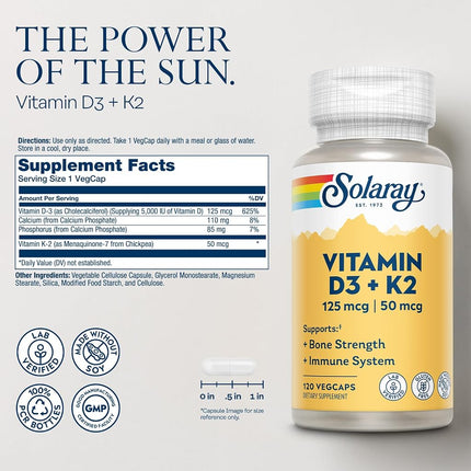 Solaray - Vitamin D3 + K2 Soy-Free Formula - 120 Vegetable Capsule(s)