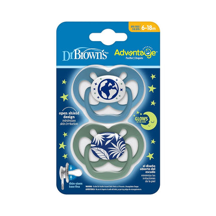Dr. Brown's Advantage Glow-in-The-Dark 2 Piece Stage 2 Pacifiers, Blue, 6-12 Months