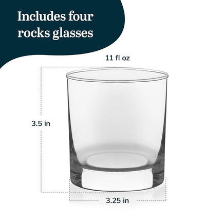 Libbey Heavy Base Rocks Cocktail Glasses Set, Clear Whiskey Glasses Set of 4 with Weighted Base and Simple Lines, 11-Ounce, Reusable, Recyclable, Round, Home, Cocktail Party, Cold Drinks