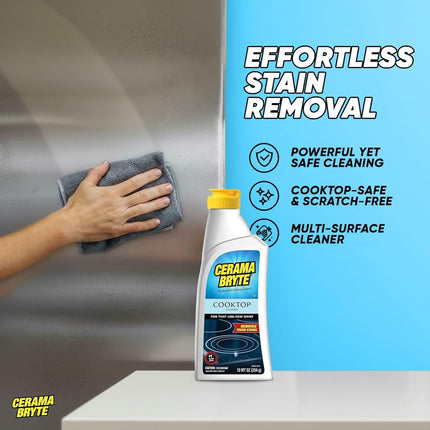 Cerama Bryte Combo Kit POW-R Grip, Scraper, Pad & Removes Tough Stains Cooktop and Stove Top Cleaner for Glass - Ceramic Surfaces, 10 Ounces, 4 Piece