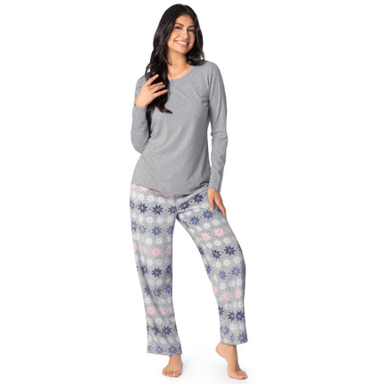 Fruit of the Loom Women's Sueded Jersey Crew Top and Fleece Pant Sleep Set, Grey Heather/Nordic Snow, S