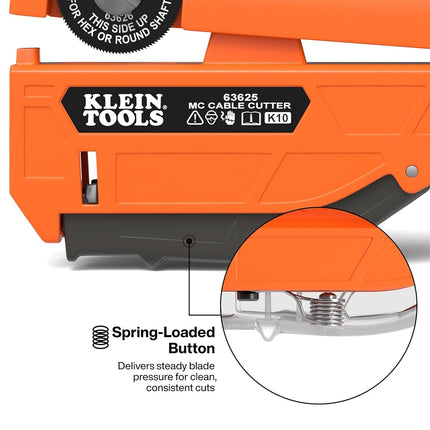 Klein Tools 63625 MC Cable Cutter, Cuts Up to 3/8-Inch Armored Cable (BX, AC, MC, MCAP, Greenfield), Spring Loaded Handle with Storage, Tool-Free Blade Replacement