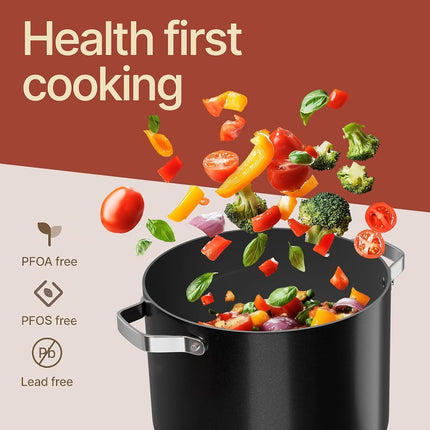 Black 12.5 Quart Aluminum Stock Pot with Lid, Nonstick Ceramic Coated Boiling Pot, PTFE & PFAS Free, Oven Safe to 500°F, Riveted Stainless Steel Handles, Tempered Glass Lid, All Stove Compatible