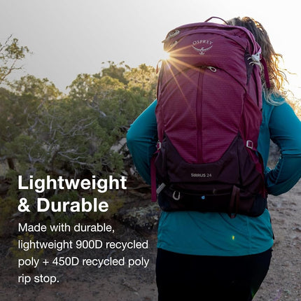 Mochila Osprey Sirrus para mujer, 24L, Morado saúco/Tan Chiru, T/U