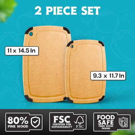 Dishwasher Safe Cutting Boards for Kitchen - 2 Piece Large Composite Wood Cutting Board Set with Non-Slip Feet and Juice Groove (14.5" x 11" and 11.7" x 9.3") - Thin, Lightweight, Eco-Friendly