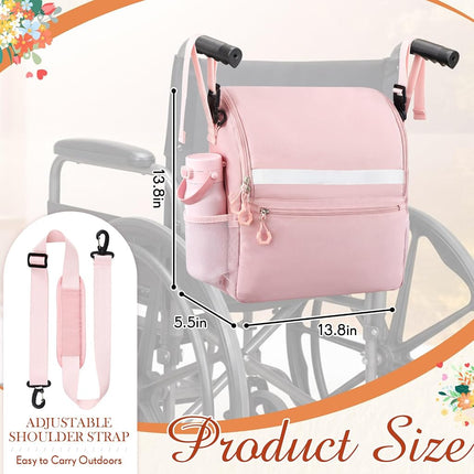 Abbylike Pink Wheelchair Bag, Women Wheelchair Backpack with Cup Holder, Electric Wheel Chair Accessories Waterproof Large Storage Walker Backpack to Hang on Back for Walker Rollator