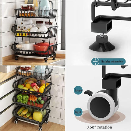 CarolynDesign 6 Tiers Rolling Kitchen Cart, Black Iron Wire Storage Bins with Wheels and Feet, Stackable Vegetable Storage Baskets