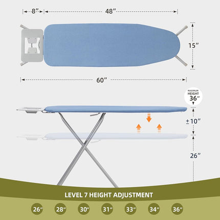 Storageideas Planche à Repasser 122 x 38 cm avec Support pour Fer, Hauteur Réglable de 66 à 91 cm, Planche à Repasser Pliable Pleine Taille, Gain de Place, avec Housse Rembourrée Amovible, Cadre et Pieds en Acier Robuste, Bleu