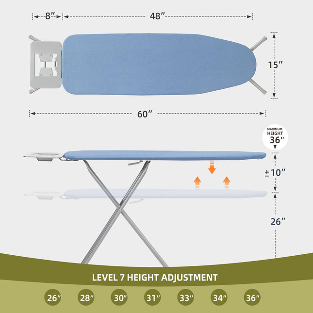 Tabla de planchar Storageideas de 48" x 15" con soporte para plancha, altura ajustable de 26" a 36", tabla de planchar plegable de tamaño completo que ahorra espacio con funda acolchada extraíble, estructura y patas de acero resistentes, azul