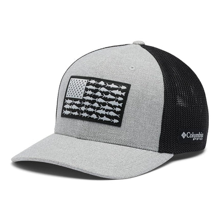 Columbia Unisex PFG Fish Flag Mesh Ball Cap-High Crown, Cool Grey Heather/Grill/US Fish Flag, Large/X-Large