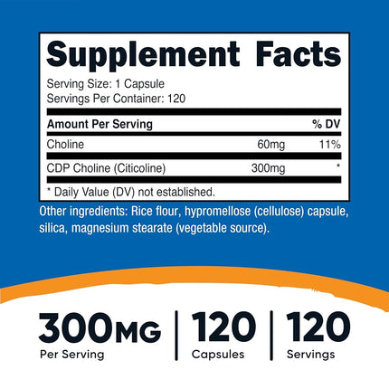 Nutricost CDP Choline (Citicoline) 300mg, 120 Veggie Capsules - Non-GMO, Vegan Friendly, Gluten Free