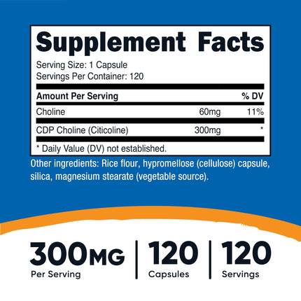 Nutricost CDP Choline (Citicoline) 300mg, 120 Veggie Capsules - Non-GMO, Vegan Friendly, Gluten Free