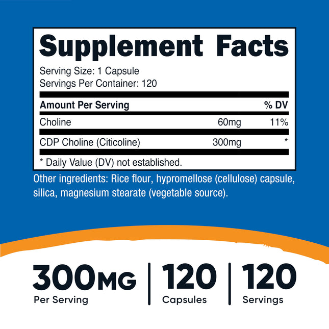 Nutricost CDP Choline (Citicoline) 300mg, 120 Veggie Capsules - Non-GMO, Vegan Friendly, Gluten Free