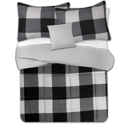 7 Piece Comforter Set Bag Solid Color All Season Soft Down Alternative Blanket & Luxurious Microfiber Bed Sheets, Queen, Buffalo Plaid Black/Gray