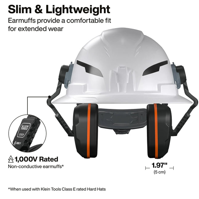 KLEIN TOOLS 22029 Non-Conductive Hard Hat Earmuffs, Up to 27dB NRR, Hearing Protection Earmuffs Compatible with Full Brim, Cap Style, and Safety Helmets, Soft Foam Cushion, Hard Hat Accessories