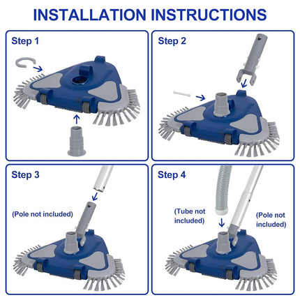 POOLAZA Pool Vacuum Head, Weighted, 1-1/4'', 1-1/2'' Swivel Hose Connection, Bottom & Side Brushes, Thorough Cleaning, Smooth Maneuverability, Navy Blue, Plastic, Inground & Above Ground Pools