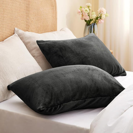 BEDELITE Flannel Pillowcases Standard Set of 2, Super Soft Fleece Pillow Case Cover with Zipper for Bedroom, Sofa, Couch,Luxury Cozy Fuzzy Velvet Pillow Shams for All Seasons(20x26 Inches, Dark Gray)