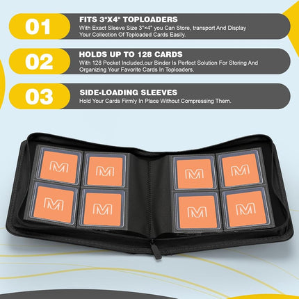 Toploader Binder,4-Pocket Side Load Trading Card Album, Holds 128 Cards with Double-Sided Pockets for MTG, Sports Cards, Top Loader Storage