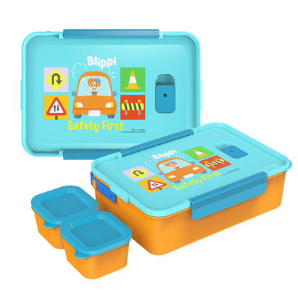 Fiambrera Bento de plástico reutilizable de Zak Designs Blippi con cierre hermético, asa de transporte, válvula de vapor para microondas y recipientes individuales para el almuerzo empaquetado de niños (set de 3 piezas)