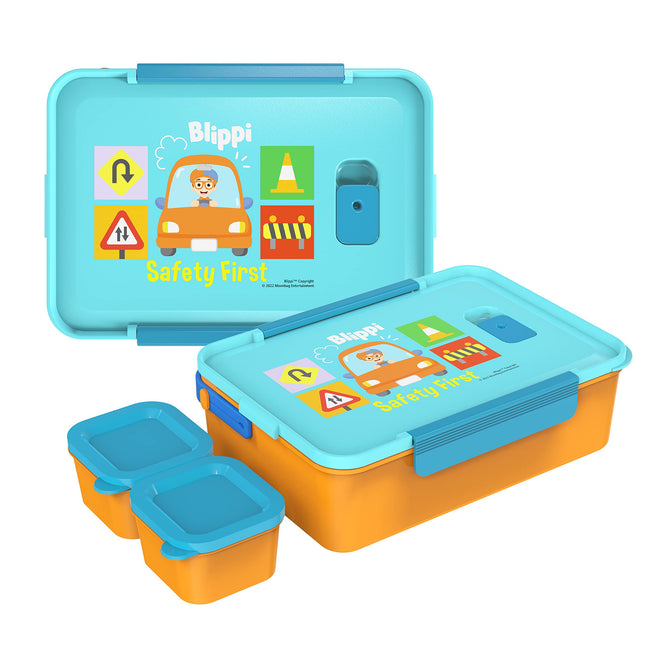 Fiambrera Bento de plástico reutilizable de Zak Designs Blippi con cierre hermético, asa de transporte, válvula de vapor para microondas y recipientes individuales para el almuerzo empaquetado de niños (set de 3 piezas)