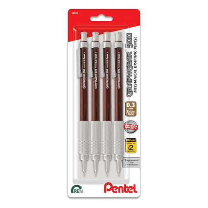 Pentel GraphGear 500 Mechanical Drafting Pencil, (0.3mm), Extra Fine Line, Brown Barrel, Pack of 4 (PG523BP4E)
