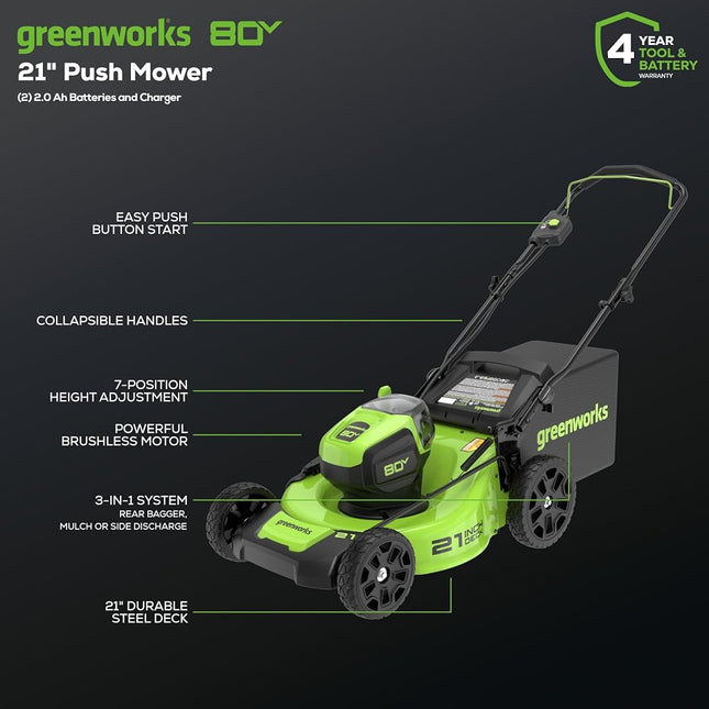 Greenworks 80V 21� Brushless (Push) Cordless Electric Lawn Mower + (500 CFM) Axial Leaf Blower + 13� String Trimmer (75+ Compatible Tools), (2) 2.0Ah Batteries and 30 Minute Rapid Charger