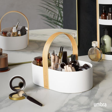 Umbra Bellwood Caddy, Wooden Handle Makeup Organizer, Small, White/Natural