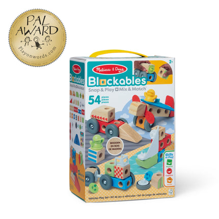 Melissa & Doug Blockables Snap And Play - Vehicles | Wooden Building Blocks, Creative Toys for Kids, 54 Pcs Set | Age 2+ - FSC Certified