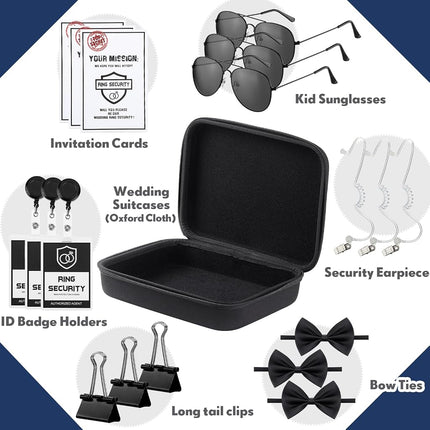 Mepase 21 Pcs Ring Wedding Bearer Security Set Include Ring Bearer Box ID Badge Holder Sunglass Acoustic Earpiece Tube Mission Card with Binder Clip Bow for Kids (Cloth Suitcase)